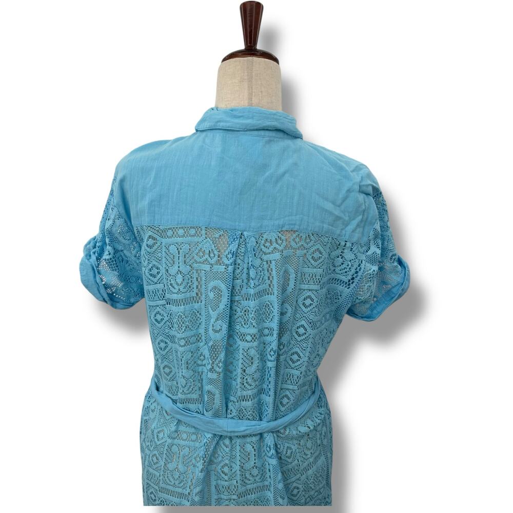 Becca Light Blue Collard Swimsuit Coverup Dress Large Cotton Guaze Lace Sheer - Picture 8 of 12
